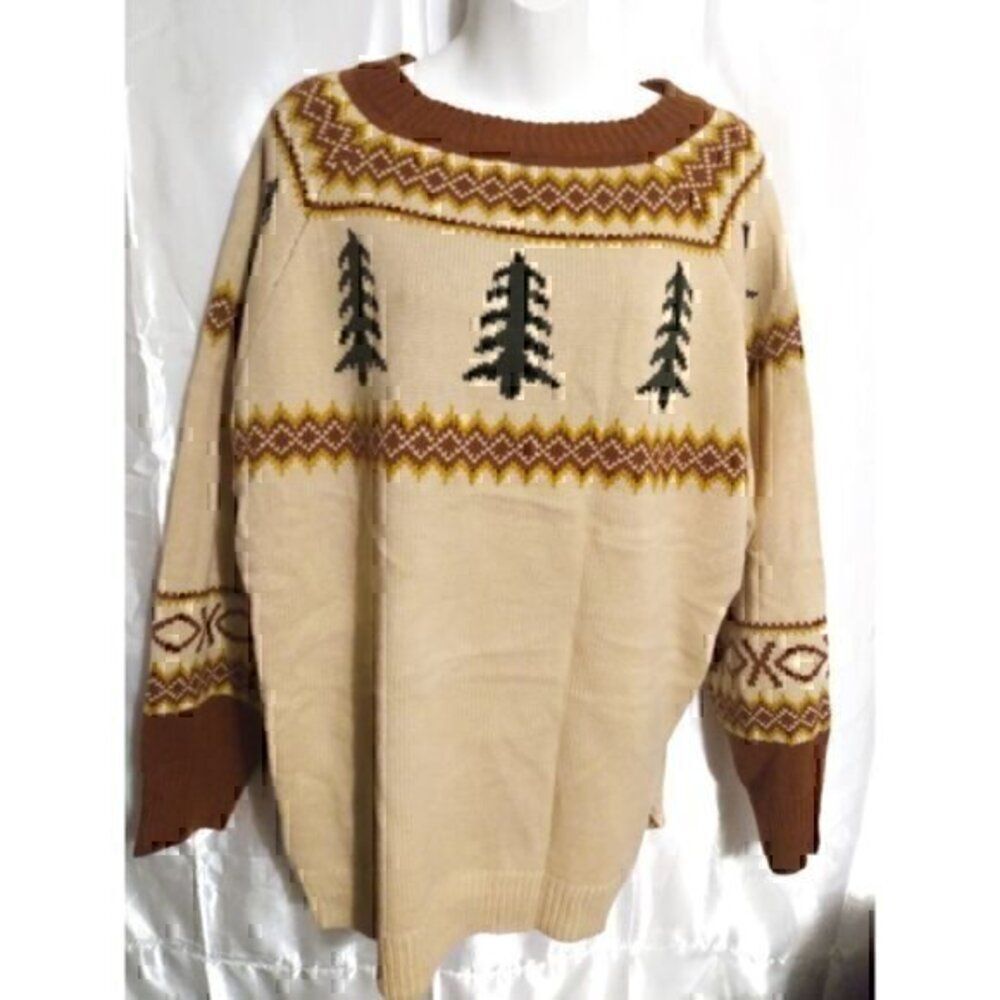 Fair Isle Christmas Tree Pattern Pull Over Crew Neck Brown Sweater plus 3X kjp